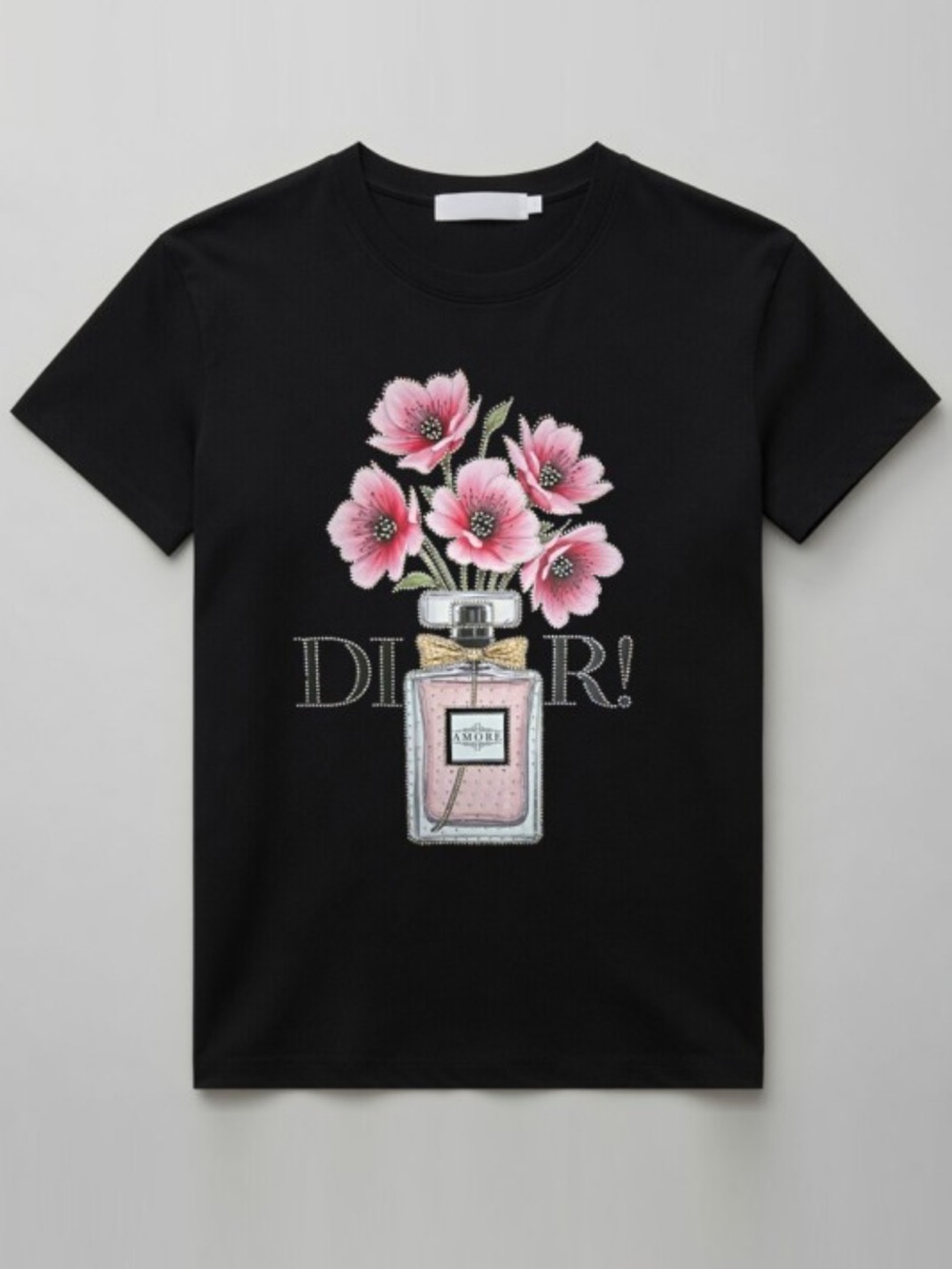 ShopEvelynne Black Tee with Pink Floral Perfume Graphic